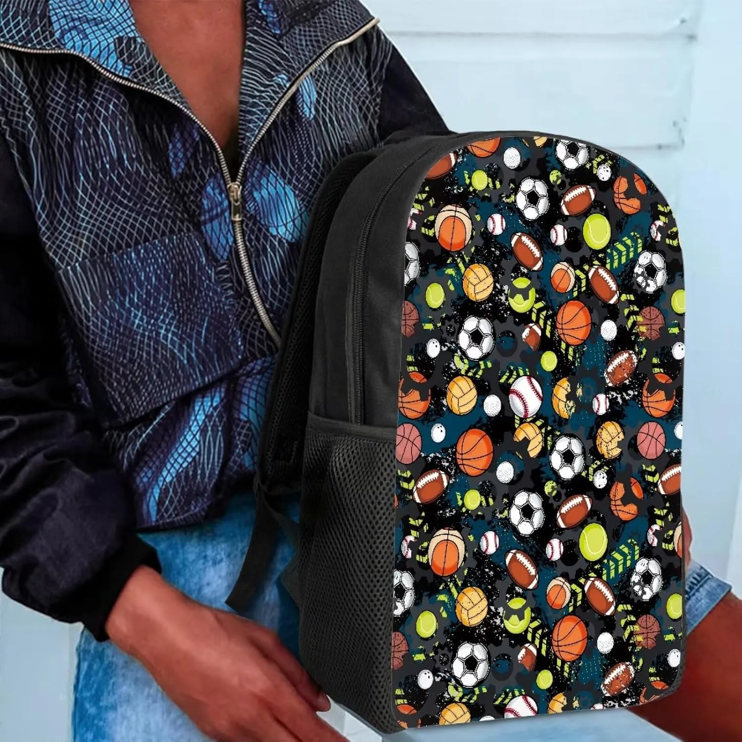 AmzPrint 17Inch School Backpack For Kids Girls Boys Football Basketball Print Backpack Lightweight School Bag Student Bookbag