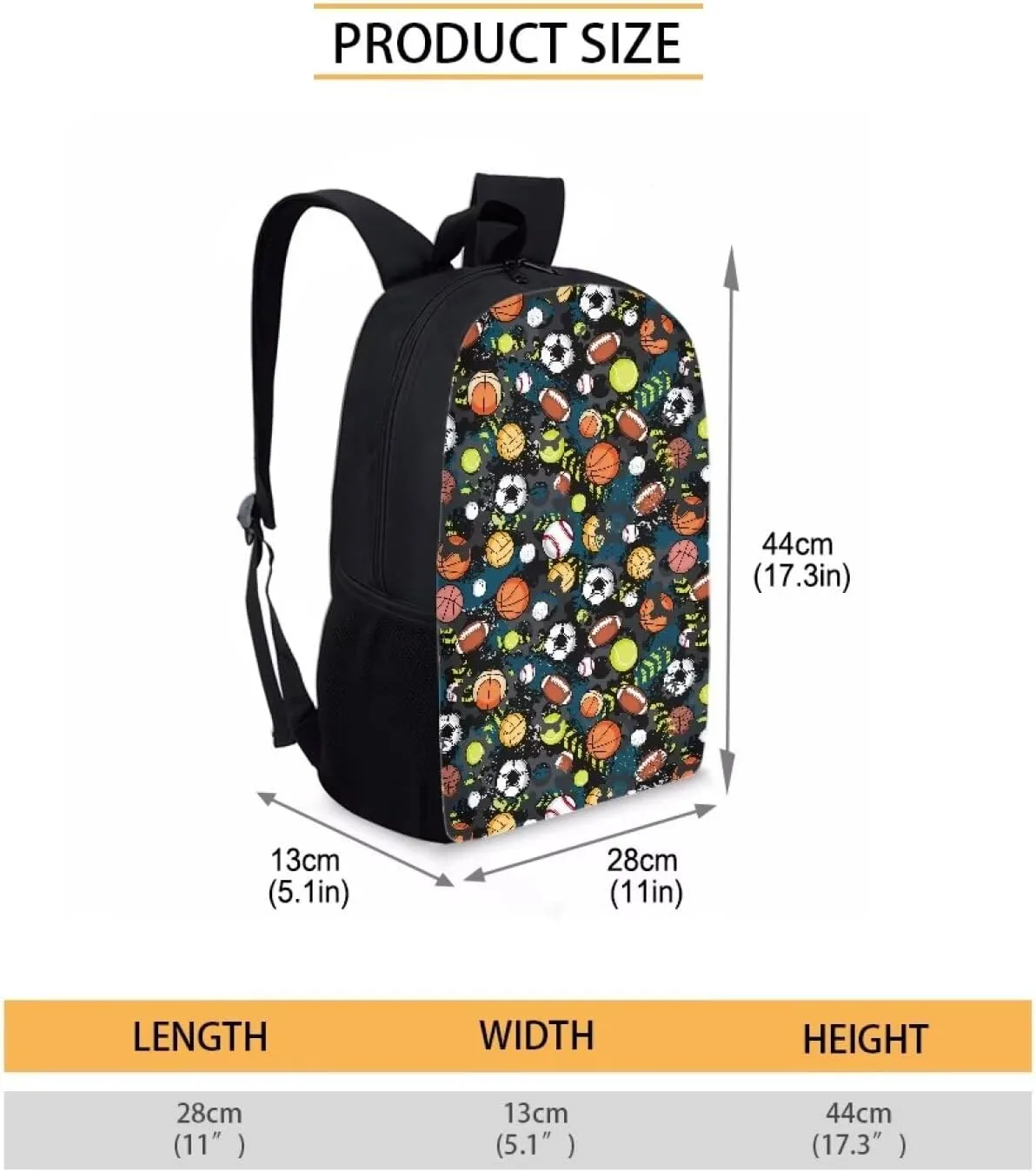 AmzPrint 17Inch School Backpack For Kids Girls Boys Football Basketball Print Backpack Lightweight School Bag Student Bookbag