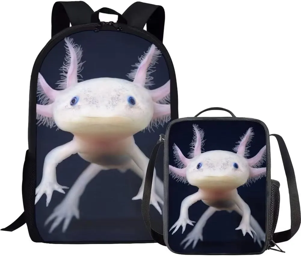AmzPrint 2 In 1 Pink Axolotl Backpack And Lunch Box For Elementary Middle School Backpack For Girls Boys Kids Teens