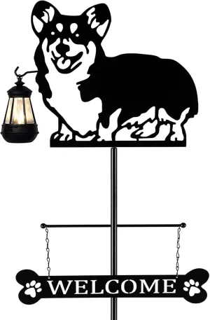 ANGELLOONG 51" Solar Corgi Silhouette Dog Welcome Sign with Lantern, Outdoor Decorative Corgi Gifts for Garden Yard Lawn Patio Pathway