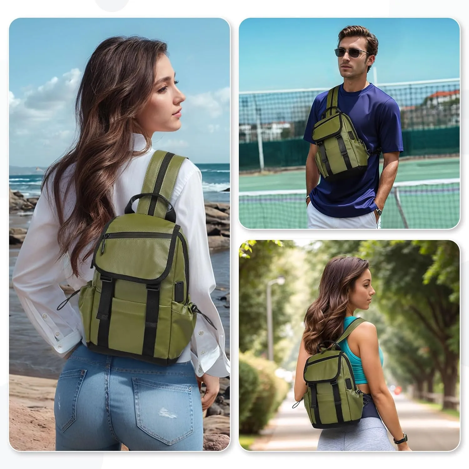 Anti Theft Mini Backpack, Convertible Sling Bag for 11 Inch Pads with USB Charge Port, Lightweight One Strap Casual Pack for Women Men (Dark Green)