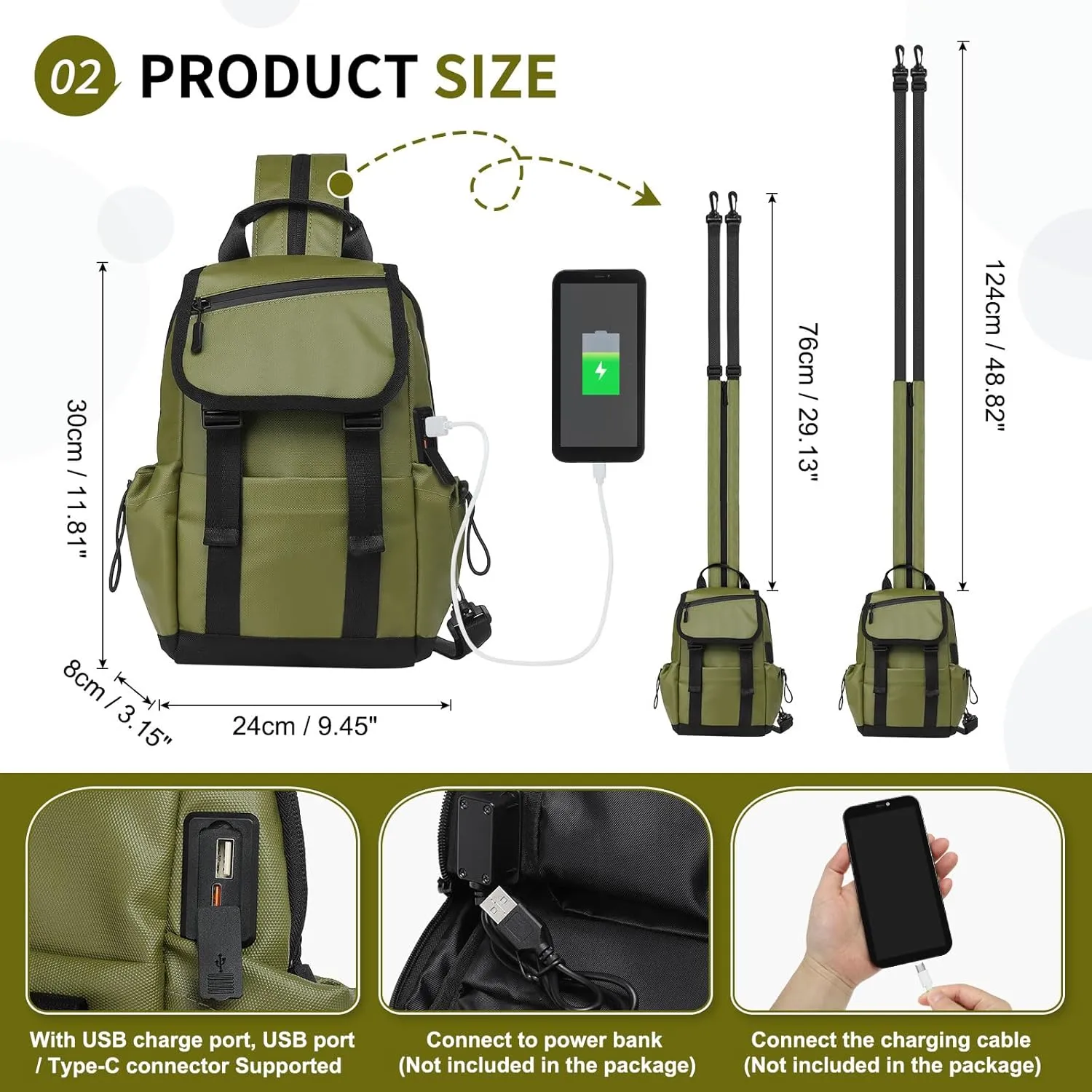 Anti Theft Mini Backpack, Convertible Sling Bag for 11 Inch Pads with USB Charge Port, Lightweight One Strap Casual Pack for Women Men (Dark Green)