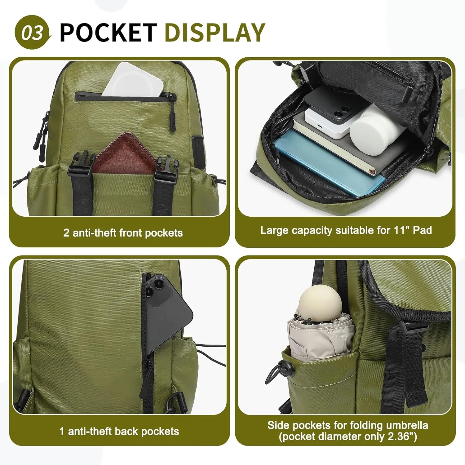 Anti Theft Mini Backpack, Convertible Sling Bag for 11 Inch Pads with USB Charge Port, Lightweight One Strap Casual Pack for Women Men (Dark Green)
