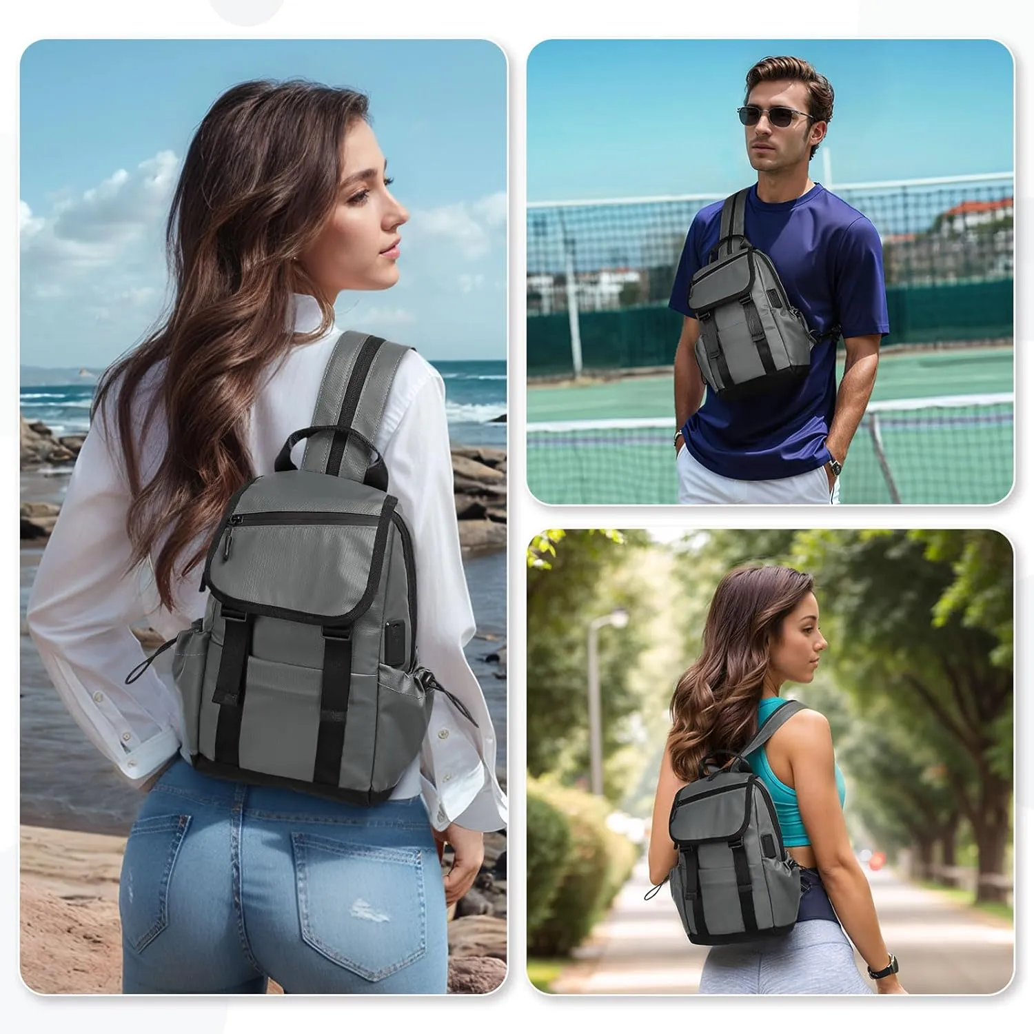 Anti Theft Mini Backpack, Convertible Sling Bag for 11 Inch Pads with USB Charge Port, Lightweight One Strap Casual Pack for Women Men (Gray)