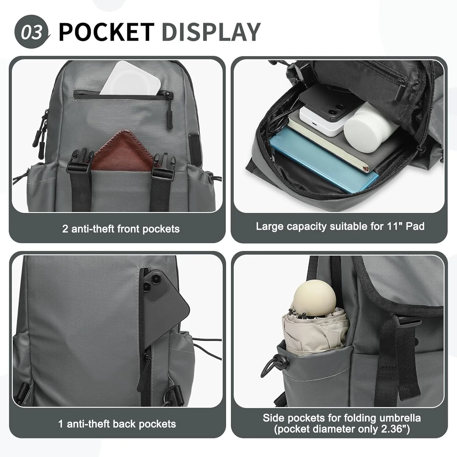 Anti Theft Mini Backpack, Convertible Sling Bag for 11 Inch Pads with USB Charge Port, Lightweight One Strap Casual Pack for Women Men (Gray)