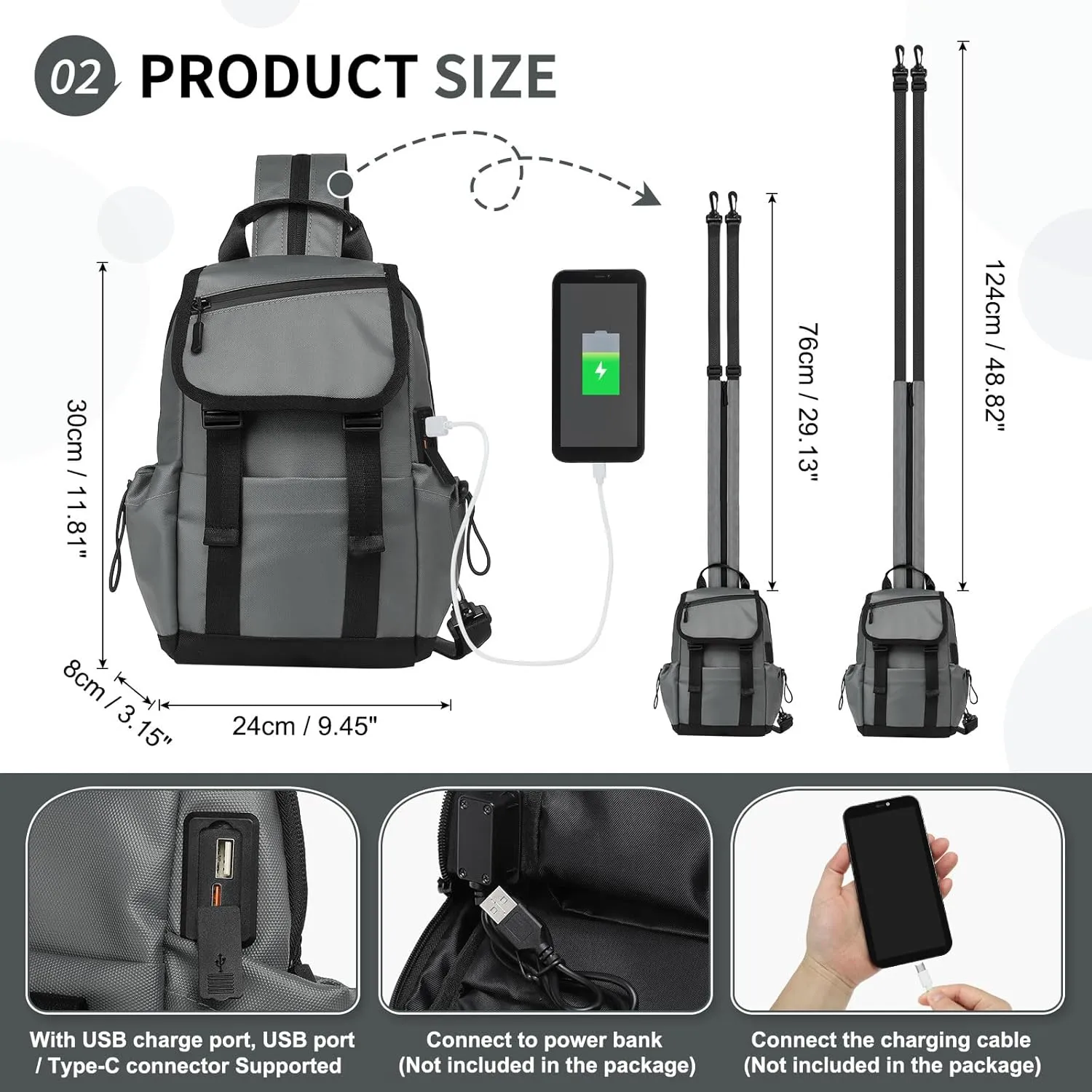 Anti Theft Mini Backpack, Convertible Sling Bag for 11 Inch Pads with USB Charge Port, Lightweight One Strap Casual Pack for Women Men (Gray)