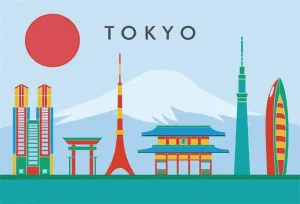 AOFOTO 7x5ft Polyester Japanese Theme Backdrop Cartoon Towers Buildings Fuji Mounatin Red Sun Tokyo Trip Photography Background Vacation Holiday Kids Children Portrait Shooting Photo Booth Prop