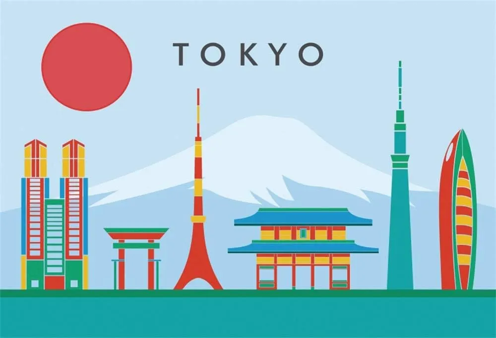 AOFOTO 7x5ft Polyester Japanese Theme Backdrop Cartoon Towers Buildings Fuji Mounatin Red Sun Tokyo Trip Photography Background Vacation Holiday Kids Children Portrait Shooting Photo Booth Prop