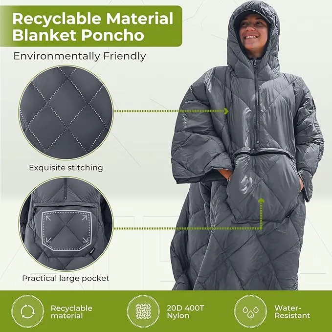 ATEPA Blanket Poncho Hooded Ultralight Water-Resisitant Warm Wearable Blanket Sleeping Bag Coat Cloak Camping Blanket