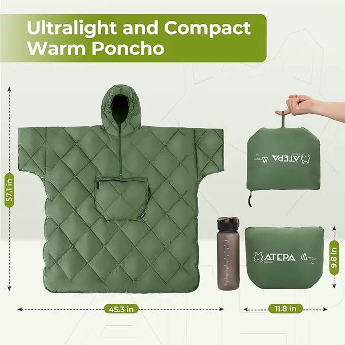 ATEPA Blanket Poncho Hooded Ultralight Water-Resisitant Warm Wearable Blanket Sleeping Bag Coat Cloak Camping Blanket