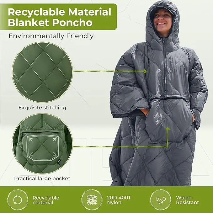 ATEPA Blanket Poncho Hooded Ultralight Water-Resisitant Warm Wearable Blanket Sleeping Bag Coat Cloak Camping Blanket