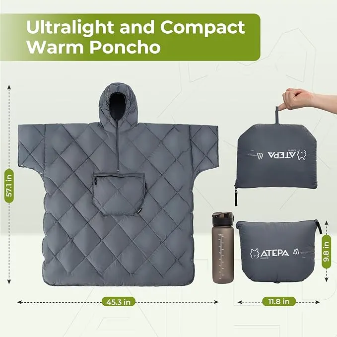 ATEPA Blanket Poncho Hooded Ultralight Water-Resisitant Warm Wearable Blanket Sleeping Bag Coat Cloak Camping Blanket