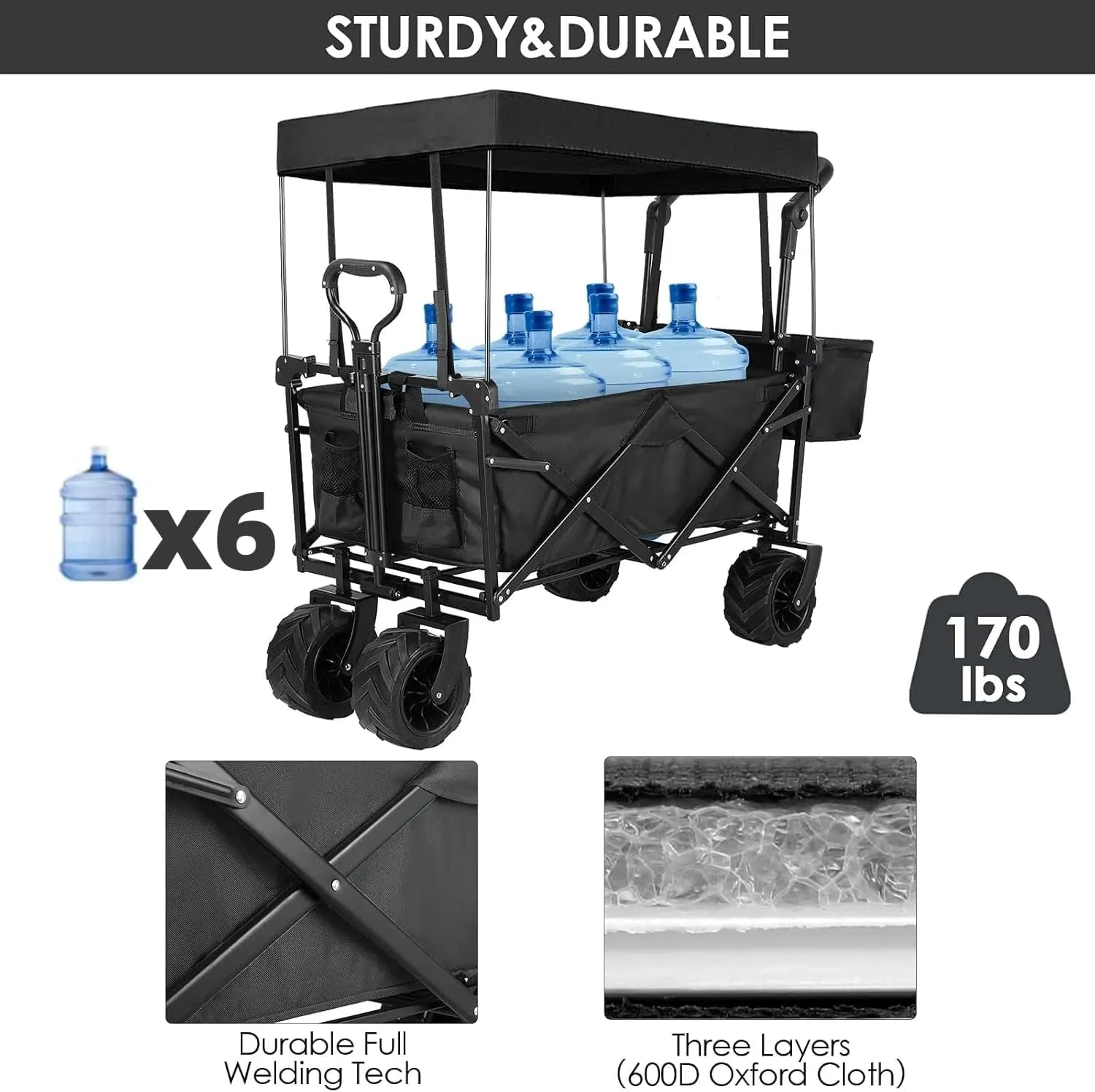 AthLike Extra Large Collapsible Wagon w/Removable Canopy, 250lbs/262L Capacity Foldable Garden Cart w/Rear Storage, Heavy Duty Push&Pull Utility Camping Beach Stroller w/Big Wheel&Adjustable Handles