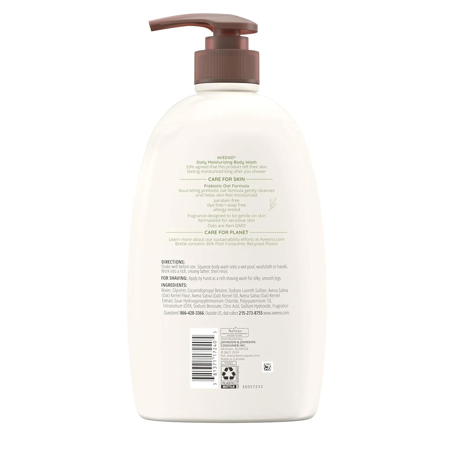 Aveeno Daily Moisturizing Body Wash for Dry Skin with Soothing Oat, Creamy Shower Cleanser, Gentle, Soap-Free and Dye-Free, Lightly Scented, 33 FL OZ