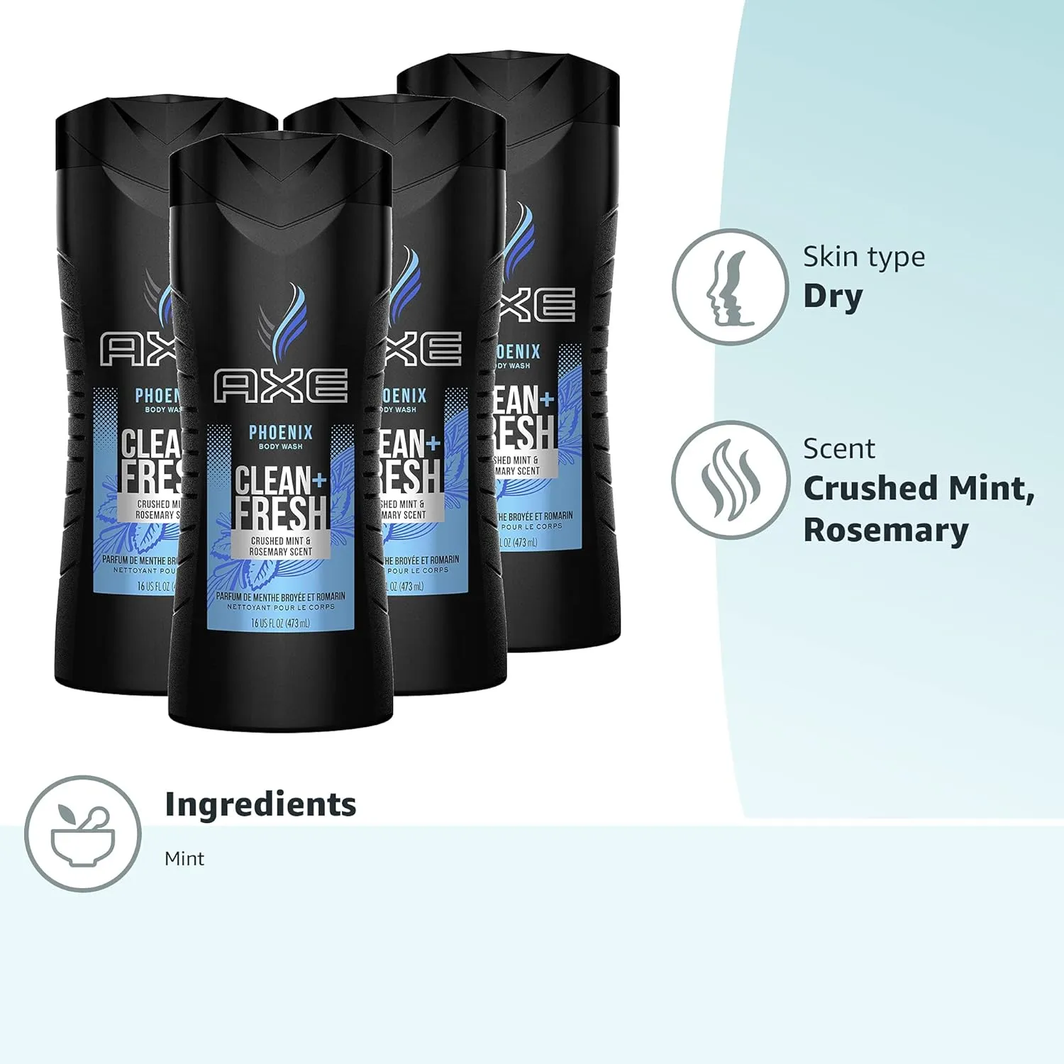 AXE Body Wash Phoenix 12h Refreshing Scent Crushed Mint & Rosemary 4 count Men's Body Wash with 100% Plant-Based Moisturizers 16 oz