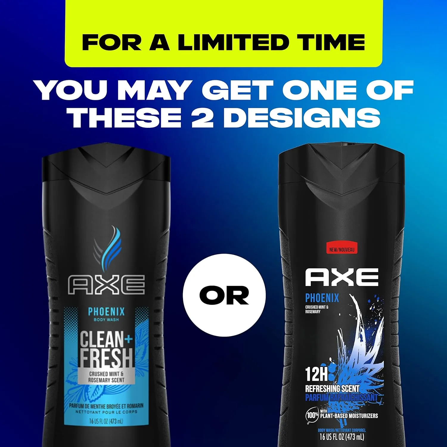 AXE Body Wash Phoenix 12h Refreshing Scent Crushed Mint & Rosemary 4 count Men's Body Wash with 100% Plant-Based Moisturizers 16 oz