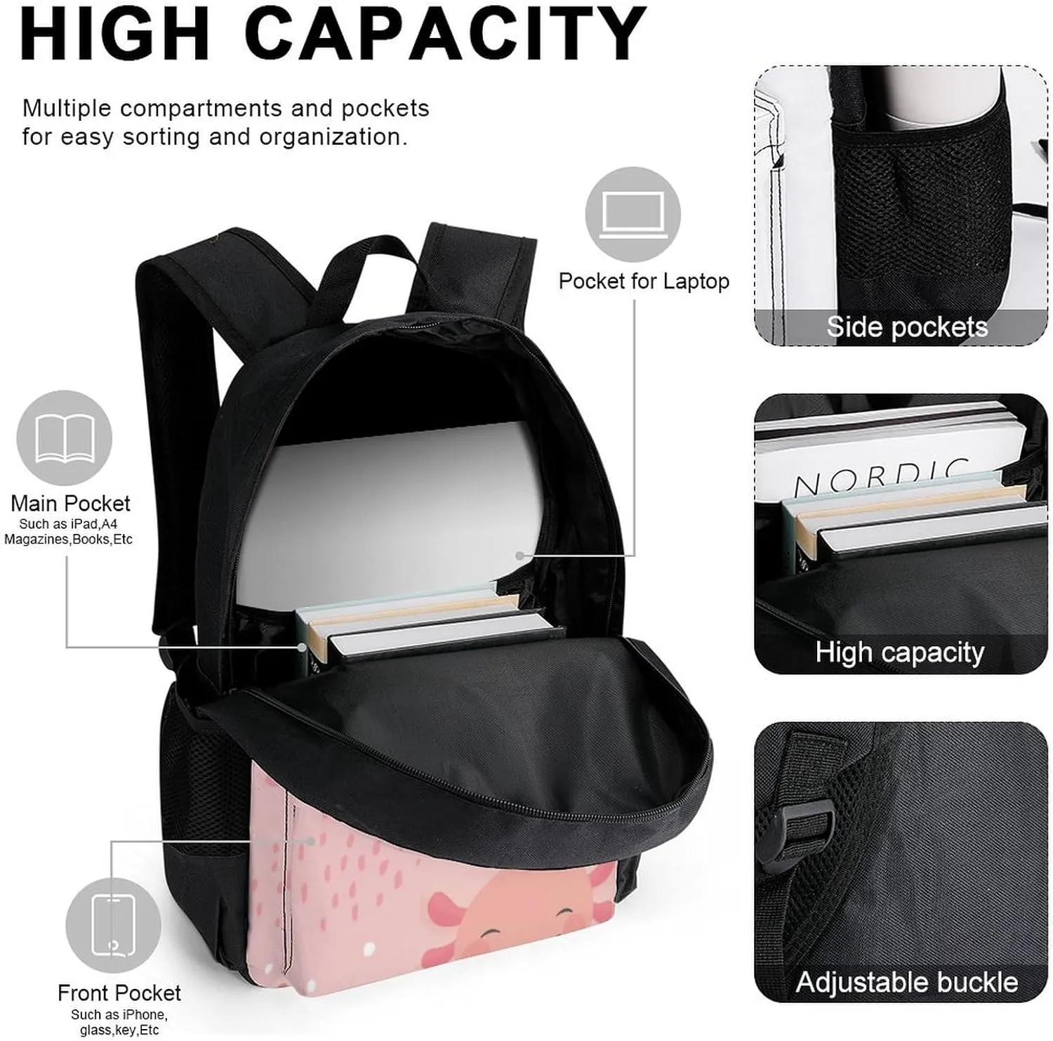 Axolotl Kawaii Lightweight Pocket Backpack Crossbody Lunch Bag Set Unisex