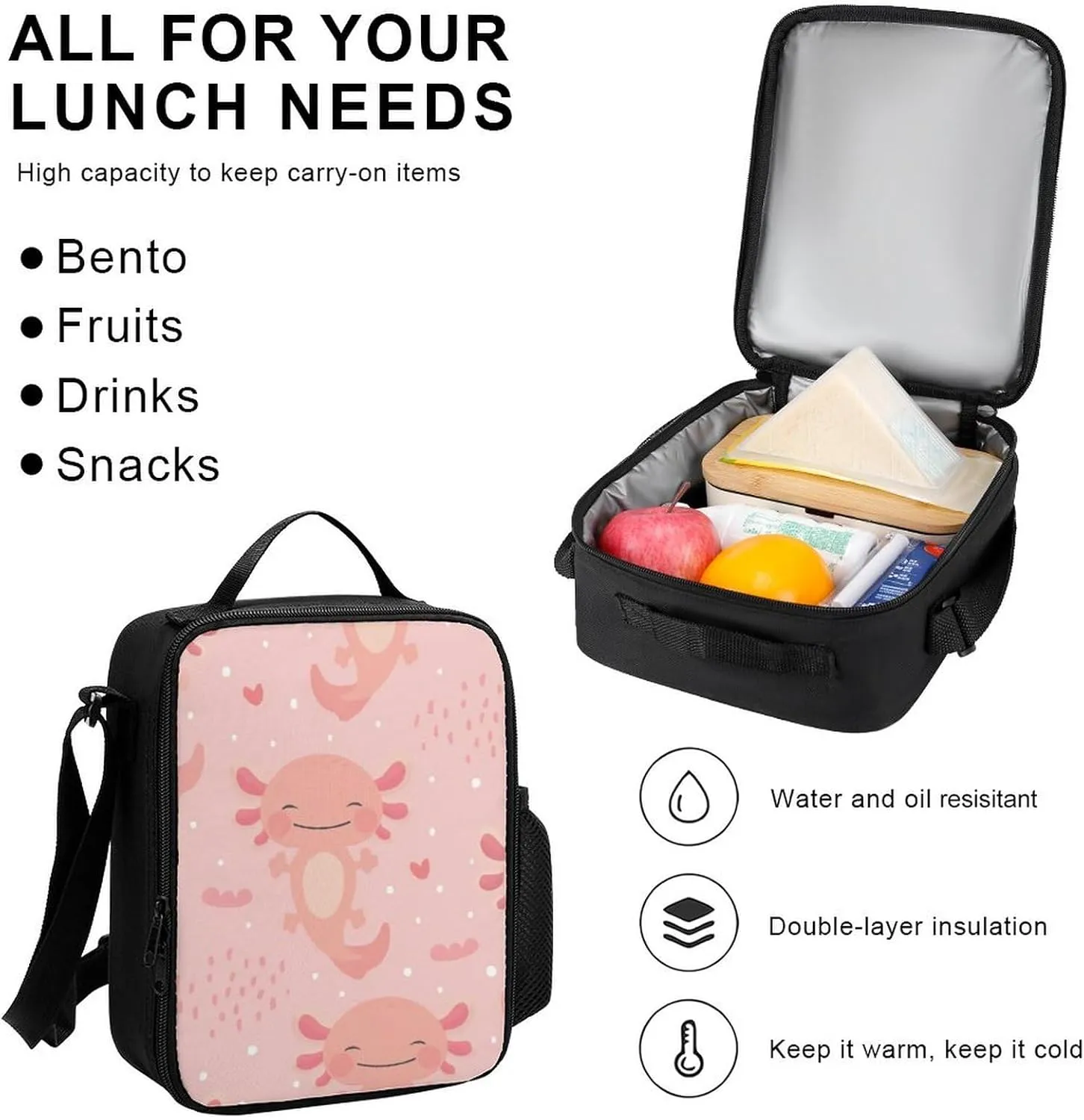Axolotl Kawaii Lightweight Pocket Backpack Crossbody Lunch Bag Set Unisex