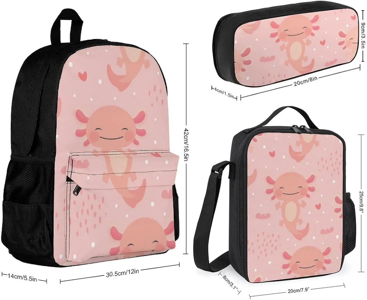 Axolotl Kawaii Lightweight Pocket Backpack Crossbody Lunch Bag Set Unisex