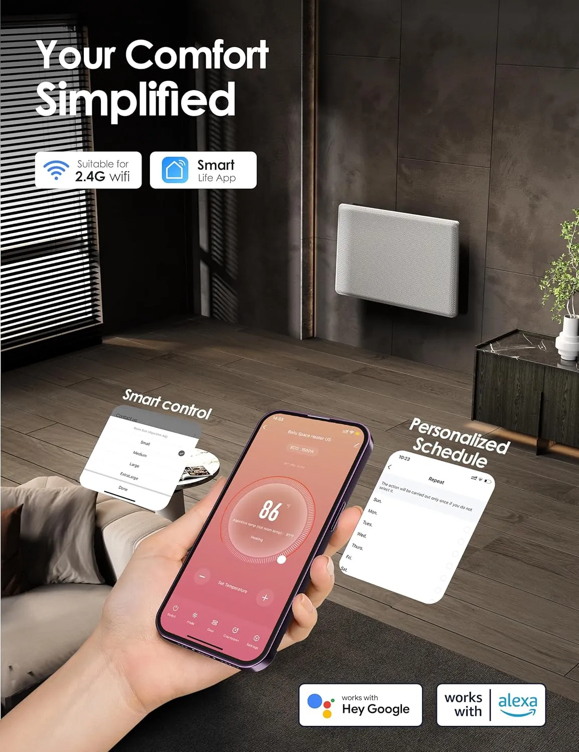 Ballu Mica Infrared Space Heater Indoor Use,Electric Panel Heater with LED Display Remote,Wifi App Control,Portable Stand Wall Mount,1500W Room Heaters for Large Room Energy Efficient,Work with Alexa
