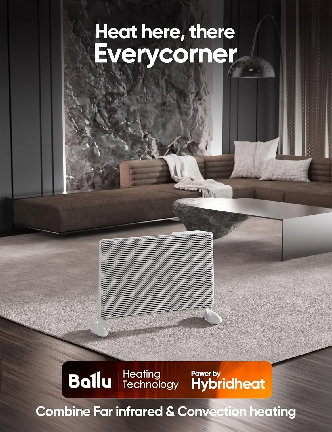 Ballu Mica Infrared Space Heater Indoor Use,Electric Panel Heater with LED Display Remote,Wifi App Control,Portable Stand Wall Mount,1500W Room Heaters for Large Room Energy Efficient,Work with Alexa