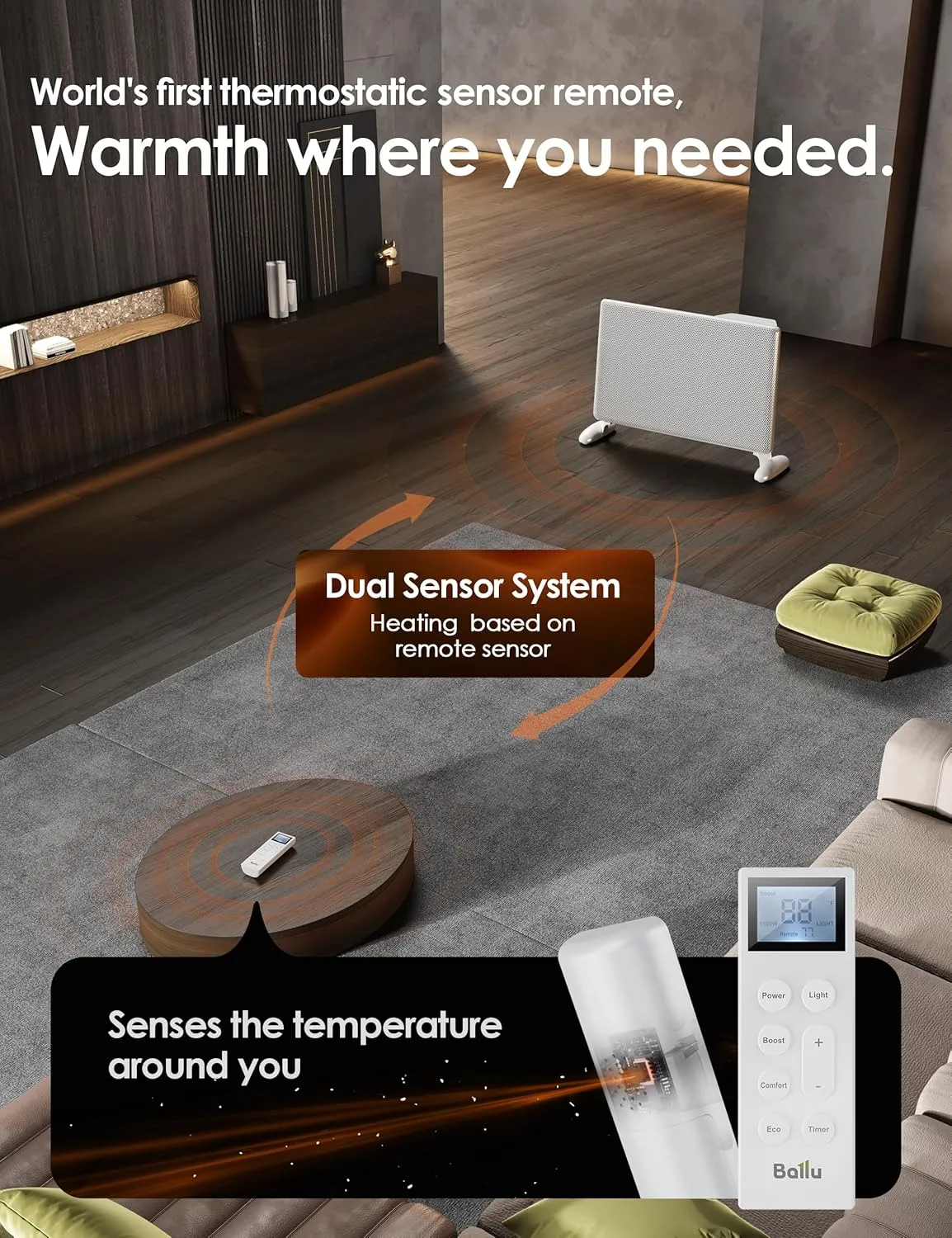 Ballu Mica Infrared Space Heater Indoor Use,Electric Panel Heater with LED Display Remote,Wifi App Control,Portable Stand Wall Mount,1500W Room Heaters for Large Room Energy Efficient,Work with Alexa