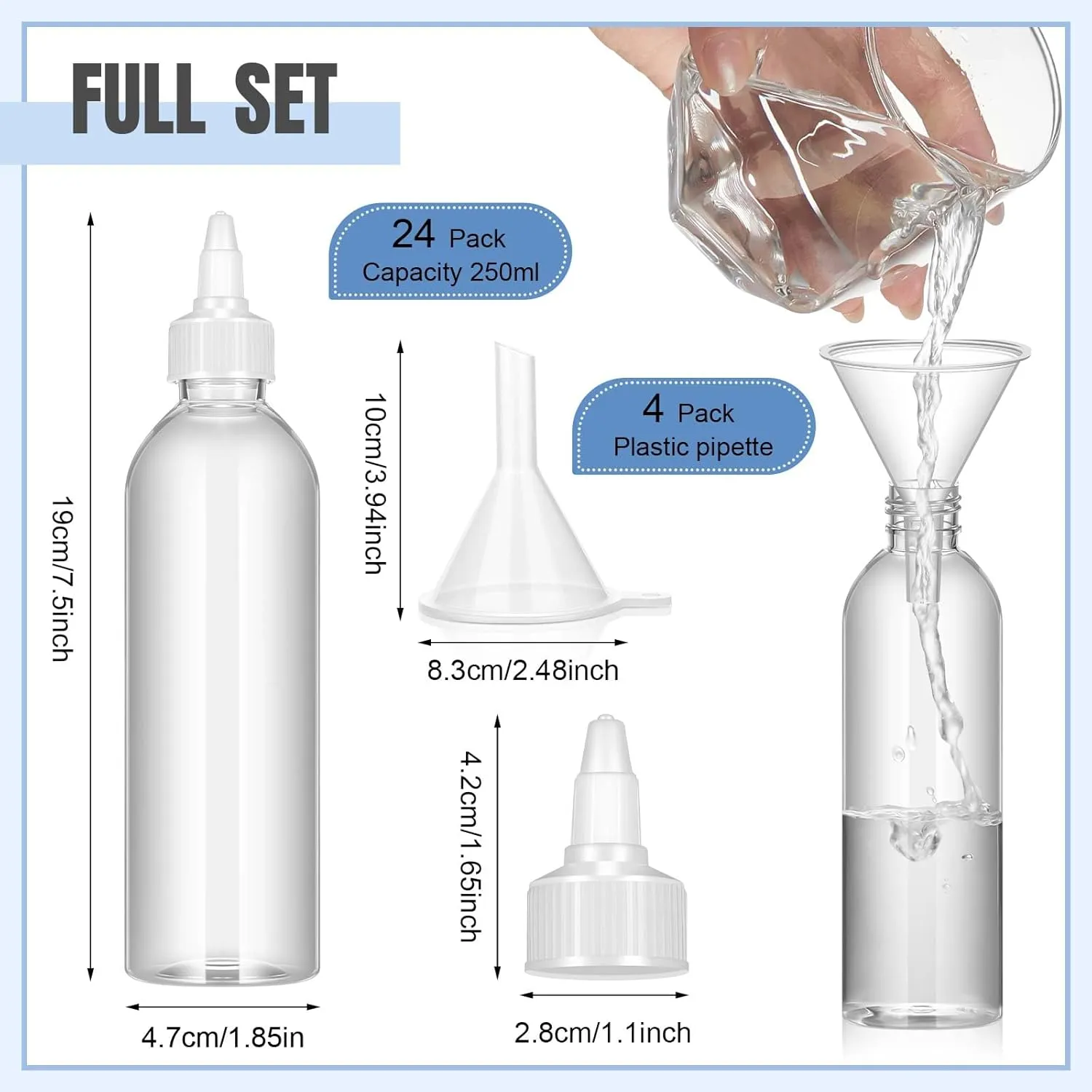 Barydat 24 Pcs Squeeze Bottle Twist Top Applicator Empty Hair Oiling Bottle with 4 Funnels Refillable Plastic Liquid Containers for Liquid Hair Oil Shampoo Lotion(8 oz,Clear)