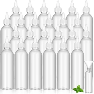 Barydat 24 Pcs Squeeze Bottle Twist Top Applicator Empty Hair Oiling Bottle with 4 Funnels Refillable Plastic Liquid Containers for Liquid Hair Oil Shampoo Lotion(8 oz,Clear)
