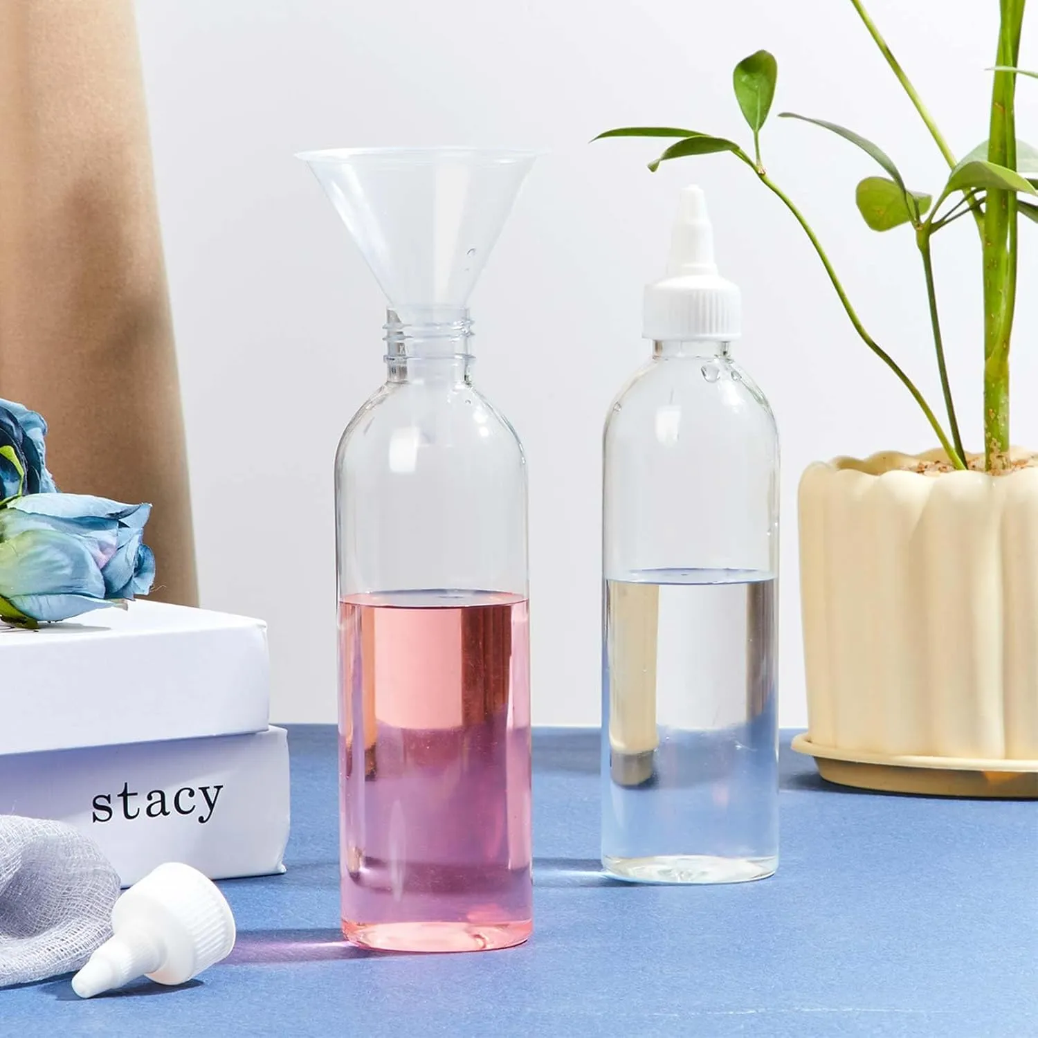 Barydat 24 Pcs Squeeze Bottle Twist Top Applicator Empty Hair Oiling Bottle with 4 Funnels Refillable Plastic Liquid Containers for Liquid Hair Oil Shampoo Lotion(8 oz,Clear)