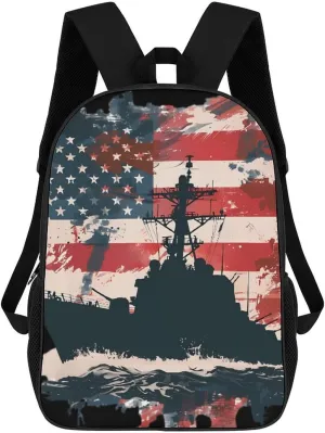 Battleship USA American Flag Travel Laptop Backpack 17 Inch Lightweight Computer Bag Daypack for Men Women