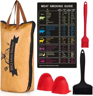 BBQ Blanket for Resting Meat with 2 Mini Oven Gloves, 2 Silicone Basting Brushes and A Meat Smoking Guide, Reusable Insulated Meat Resting Bag with Wide Mouth for Briskets/Beef/Pork Shoulders/Turkeys