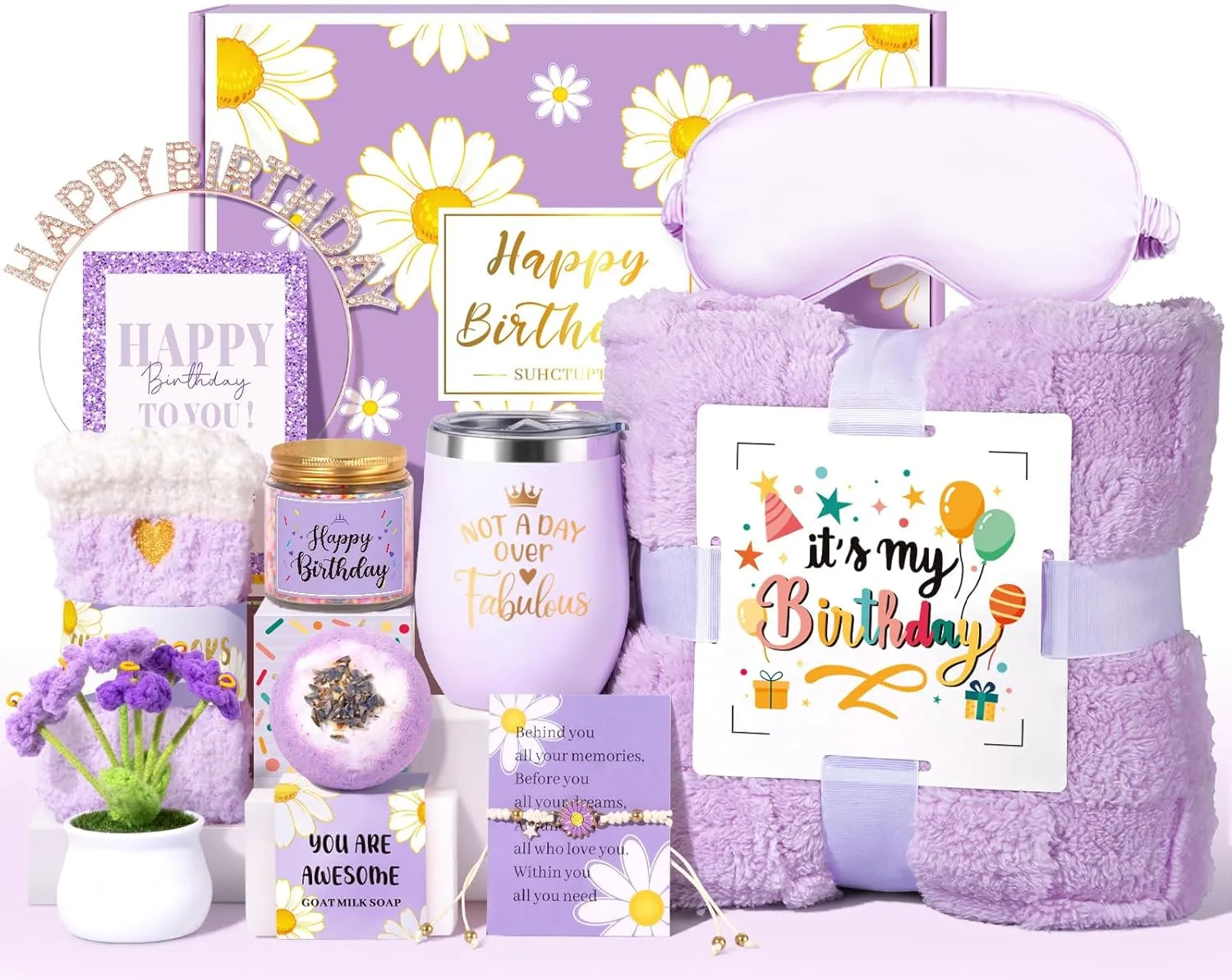 Birthday Gifts for Women, 12pcs Happy Birthday Gift Basket for Women Unique Gifts Set Ideas Relaxing Birthday Box w/ Blanket for Her Mom Best Friends Female Sister Her Friendship(Purple)