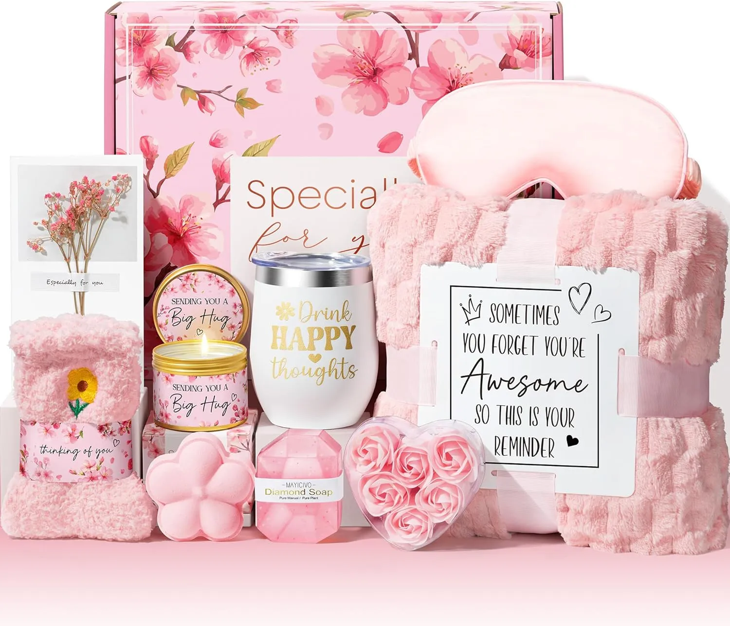 Birthday Gifts for Women Self Care Gifts, Cherry Blossom Relaxing Spa Gifts Baskets Bath Set Get Well Gifts Care Package Mothers Day Gifts for Mom Her Women Sister Friend Wife Grandma w/ Blanket