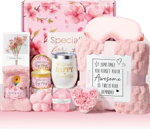 Birthday Gifts for Women Self Care Gifts, Cherry Blossom Relaxing Spa Gifts Baskets Bath Set Get Well Gifts Care Package Mothers Day Gifts for Mom Her Women Sister Friend Wife Grandma w/ Blanket