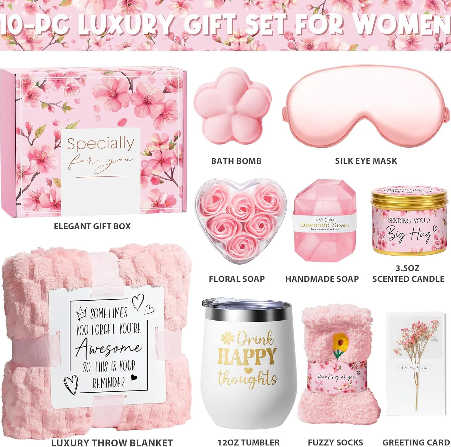 Birthday Gifts for Women Self Care Gifts, Cherry Blossom Relaxing Spa Gifts Baskets Bath Set Get Well Gifts Care Package Mothers Day Gifts for Mom Her Women Sister Friend Wife Grandma w/ Blanket