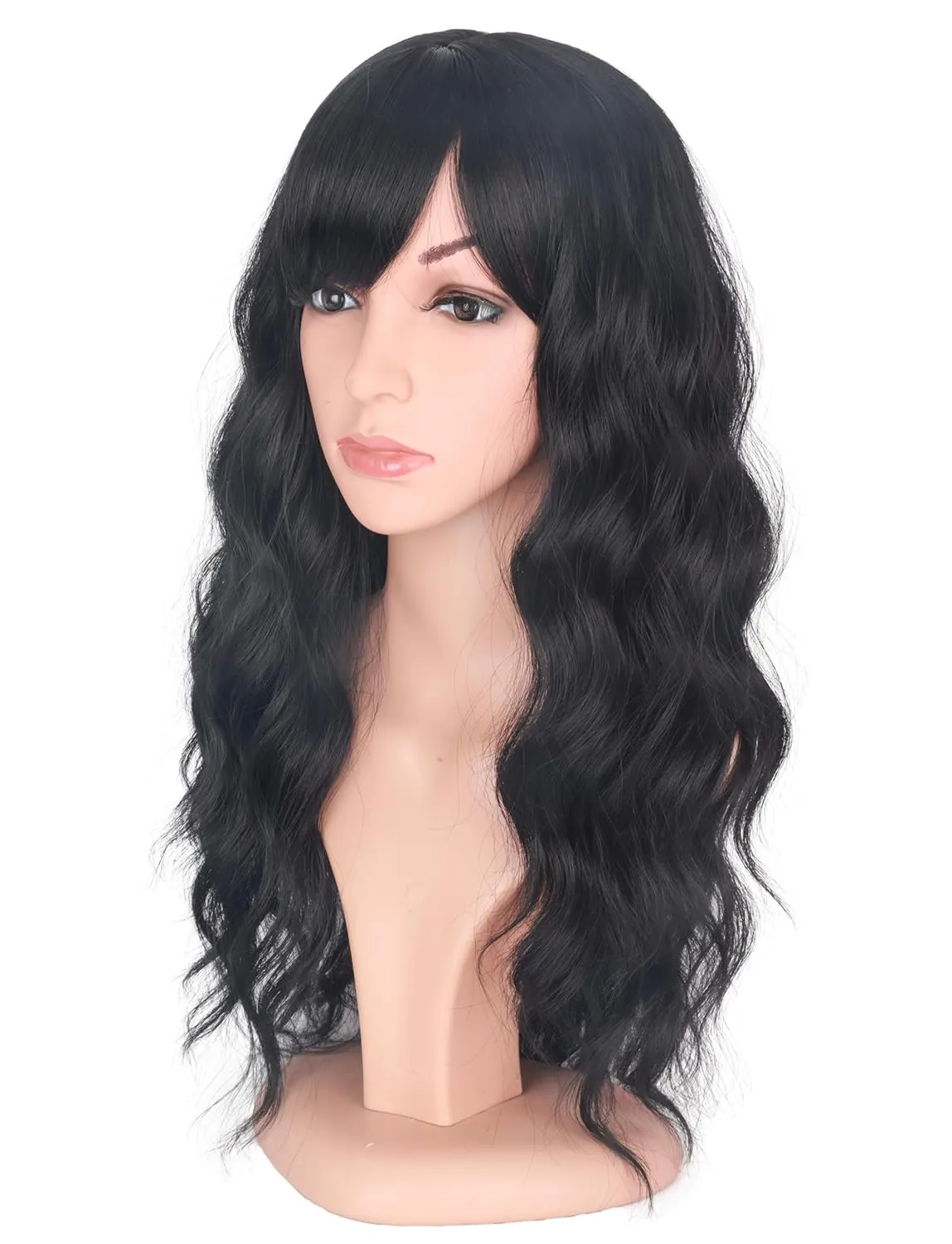 Black Wavy Wigs with Bangs for Women Glueless Black wigs Synthetic Long Black Wigs Natural Looking Heat Resistant for Daily Party Use 18 Inches