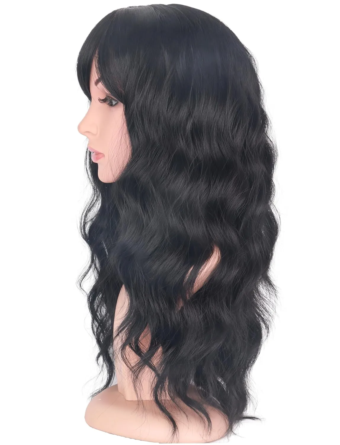 Black Wavy Wigs with Bangs for Women Glueless Black wigs Synthetic Long Black Wigs Natural Looking Heat Resistant for Daily Party Use 18 Inches