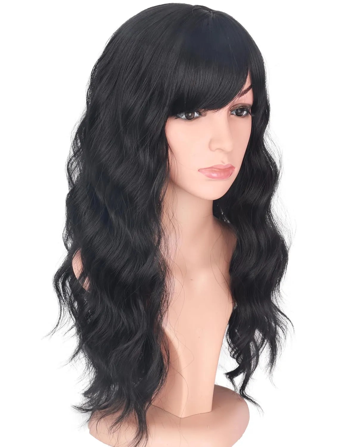 Black Wavy Wigs with Bangs for Women Glueless Black wigs Synthetic Long Black Wigs Natural Looking Heat Resistant for Daily Party Use 18 Inches