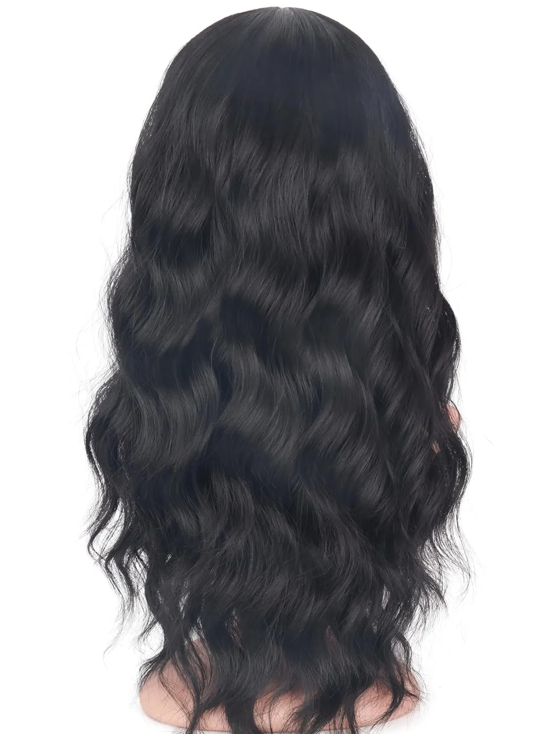 Black Wavy Wigs with Bangs for Women Glueless Black wigs Synthetic Long Black Wigs Natural Looking Heat Resistant for Daily Party Use 18 Inches