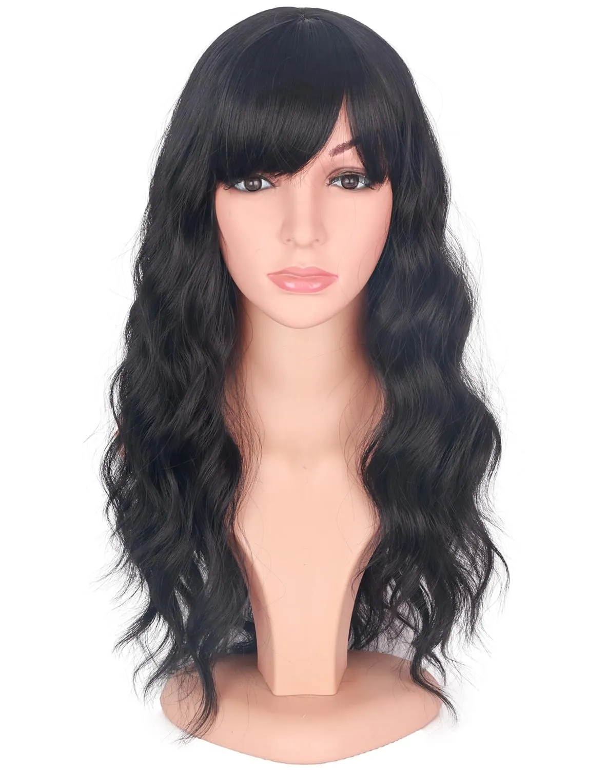 Black Wavy Wigs with Bangs for Women Glueless Black wigs Synthetic Long Black Wigs Natural Looking Heat Resistant for Daily Party Use 18 Inches