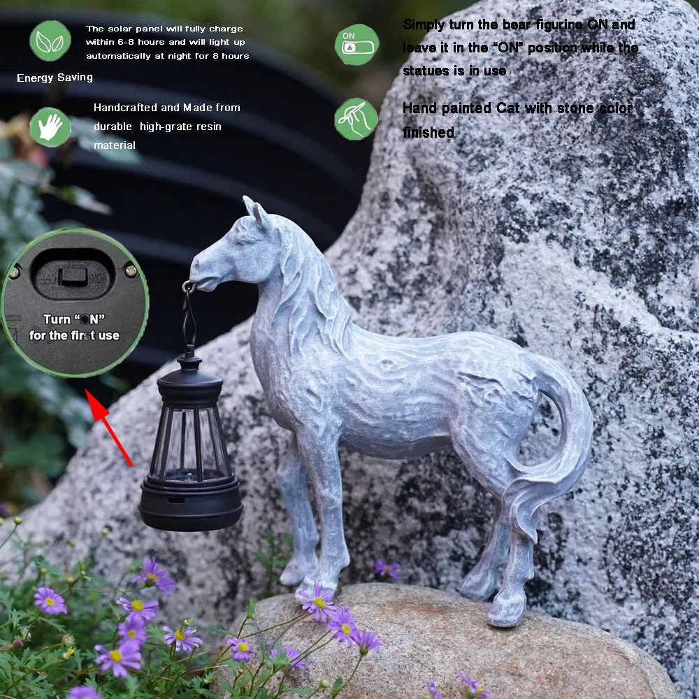 Brown Solar-Powered Horse Statue with LED Lantern - Rustic Outdoor Garden Ornament