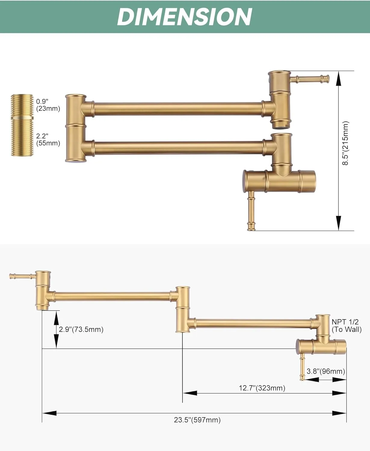 Brushed Gold Pot Filler Faucet, Folding Kitchen Faucet Single Hole 2 Handle Wall Mount Over Stove