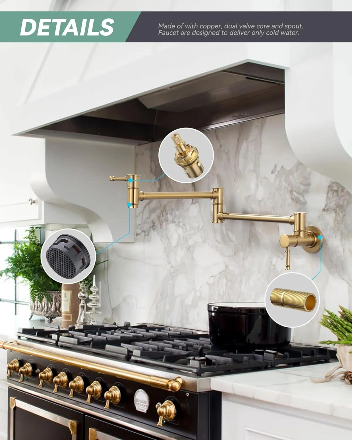 Brushed Gold Pot Filler Faucet, Folding Kitchen Faucet Single Hole 2 Handle Wall Mount Over Stove