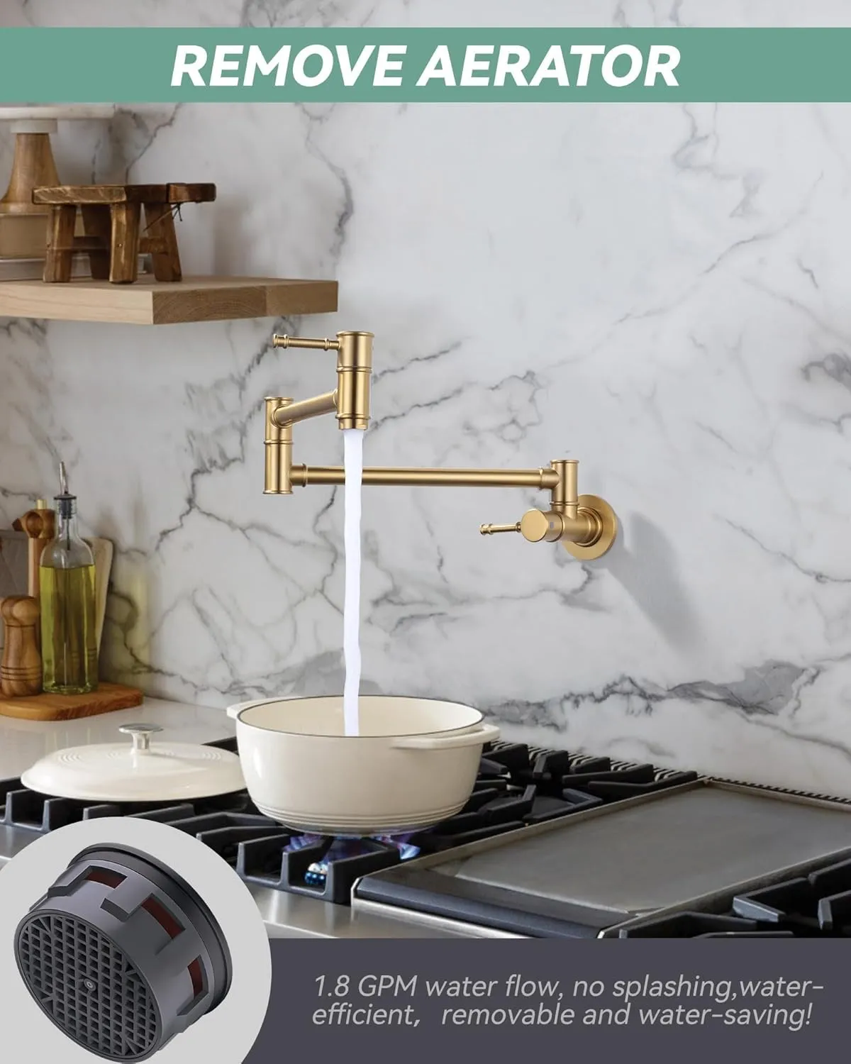 Brushed Gold Pot Filler Faucet, Folding Kitchen Faucet Single Hole 2 Handle Wall Mount Over Stove