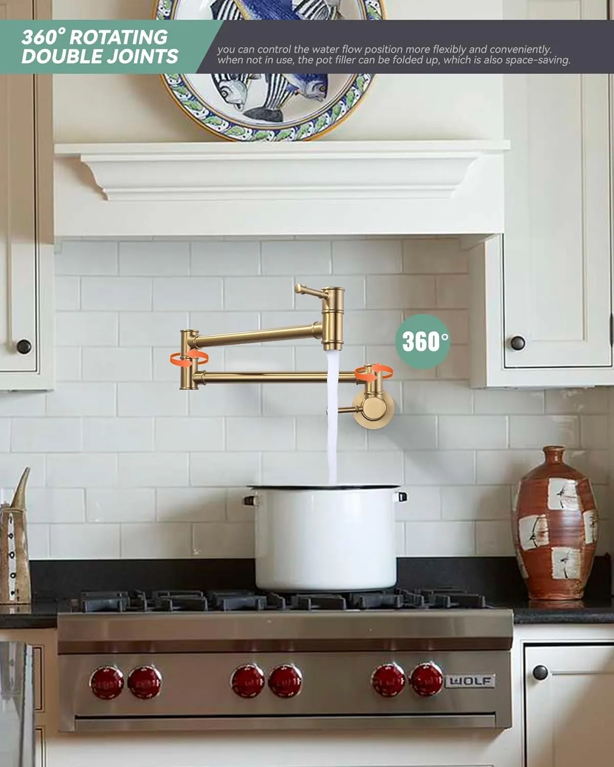 Brushed Gold Pot Filler Faucet, Folding Kitchen Faucet Single Hole 2 Handle Wall Mount Over Stove