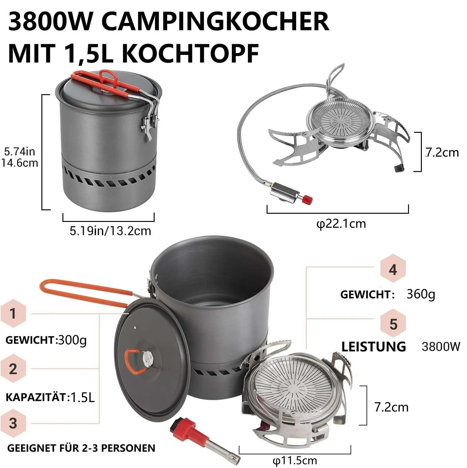 BULIN Camping Cooking Pot with Heat Exchanger 1.5L & Burner Camping Gas Stove