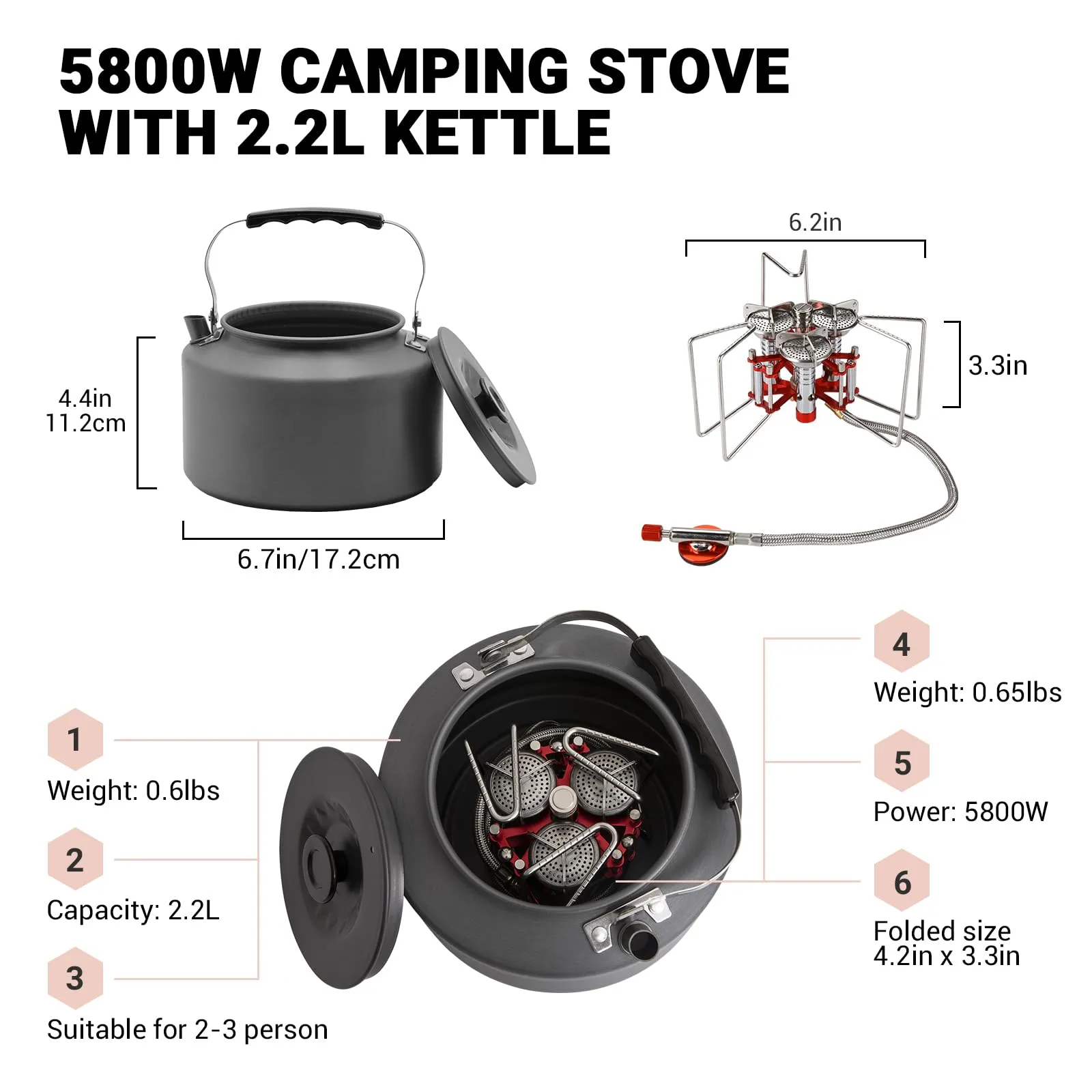 BULIN Camping Kettle 2.2L & Burner Backpacking Stove Bundle