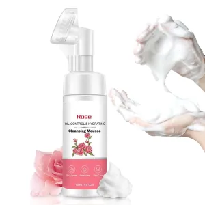 Buqikma Rose Foaming Face Wash - 150ML Facial Cleanser for All Skin Types,Rich Foam Hydrating Face Wash with Silicone Brush Gentle Face Cleanser for Women Home Use or Travel