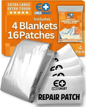 Camping Emergency Blanket for Survival with Repair Patches [4 Pack] - Emergency Mylar Thermal Blanket for Winter - Mylar Space Blanket Survival Blanket Extreme Cold - Emergency Mylar Blanket Bulk