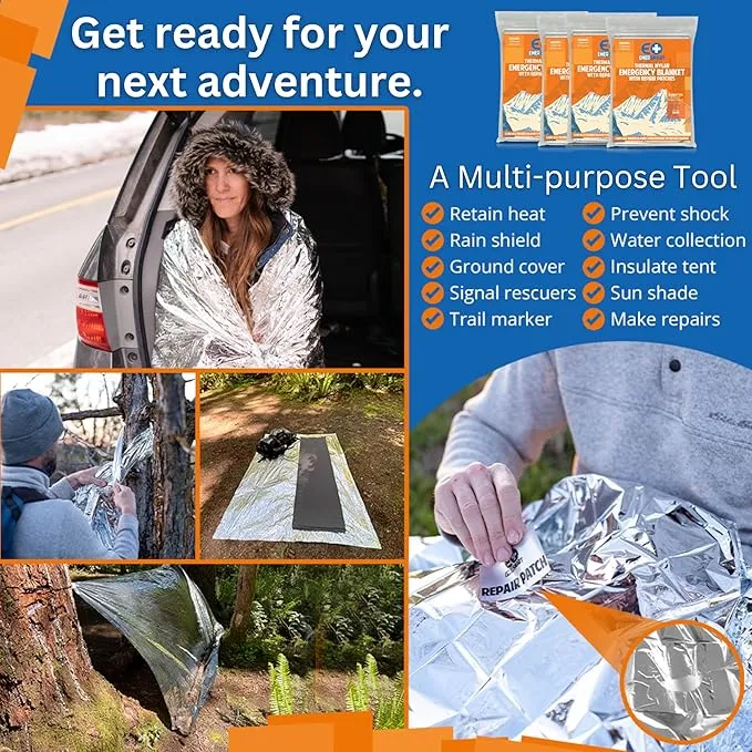 Camping Emergency Blanket for Survival with Repair Patches [4 Pack] - Emergency Mylar Thermal Blanket for Winter - Mylar Space Blanket Survival Blanket Extreme Cold - Emergency Mylar Blanket Bulk